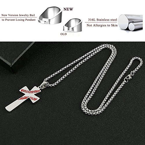 YOUFENG Cross Necklace for Men Baseball Pendant I CAN DO All Things Strength Bible Verse Stainless Steel Necklace (White Cross Necklace) - Thumbnail 5