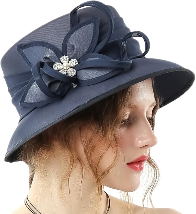 June's Young Women Church Hat Chiffon Elegant Bucket Hats Vintage (Navy
