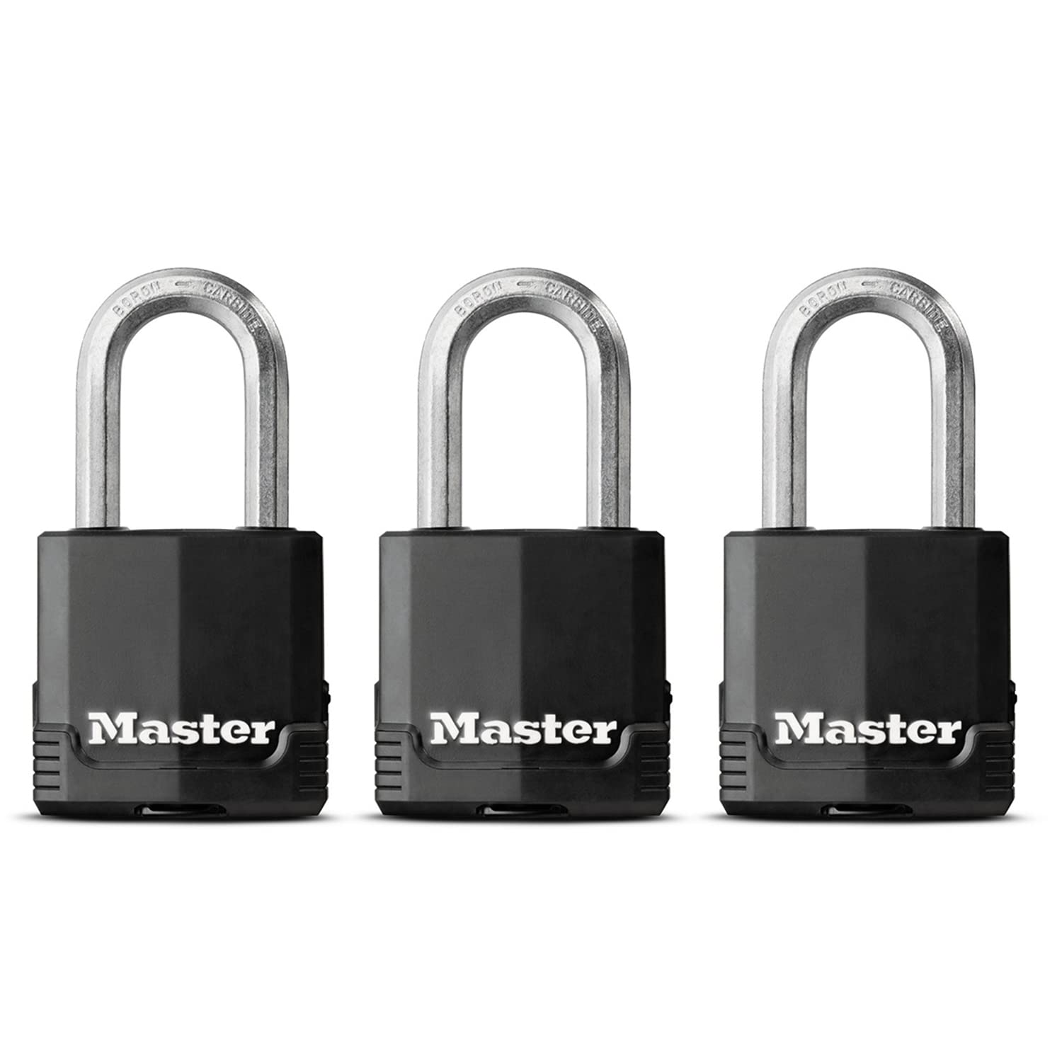 MASTER LOCK Pack of 3 Heavy Duty Padlocks, Security Level 8/10, Outdoor, Keyed, Covered Laminated Steel, Weatherproof, Medium Shackle