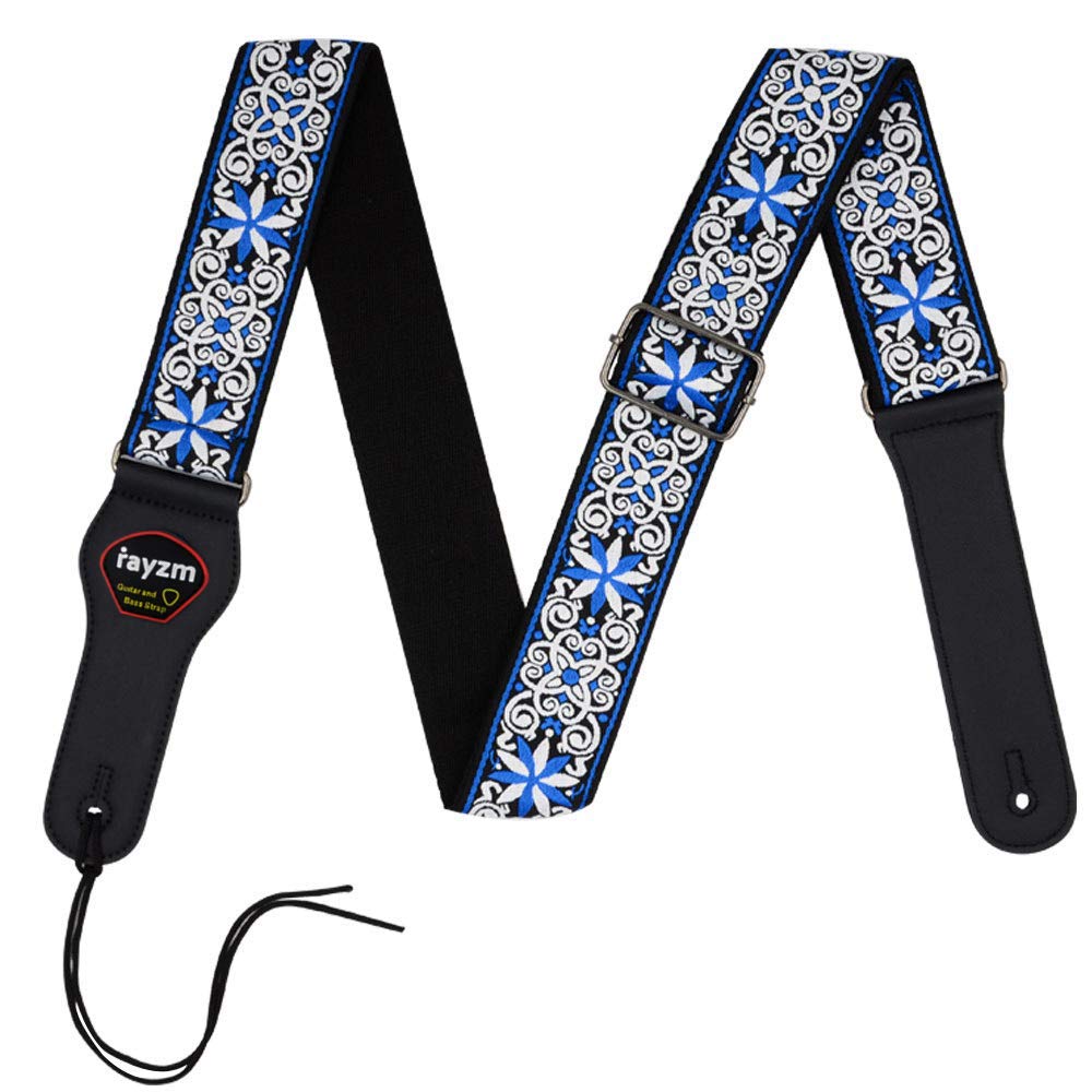 Rayzm Embroidery Guitar Strap, Jacquard Weave Cotton Strap for Acoustic/Electric/Bass Guitar with Plectrum Picks Pocket, Metal Buckle, 5cm Wide, Adjustable Length (Embroidery Blue)