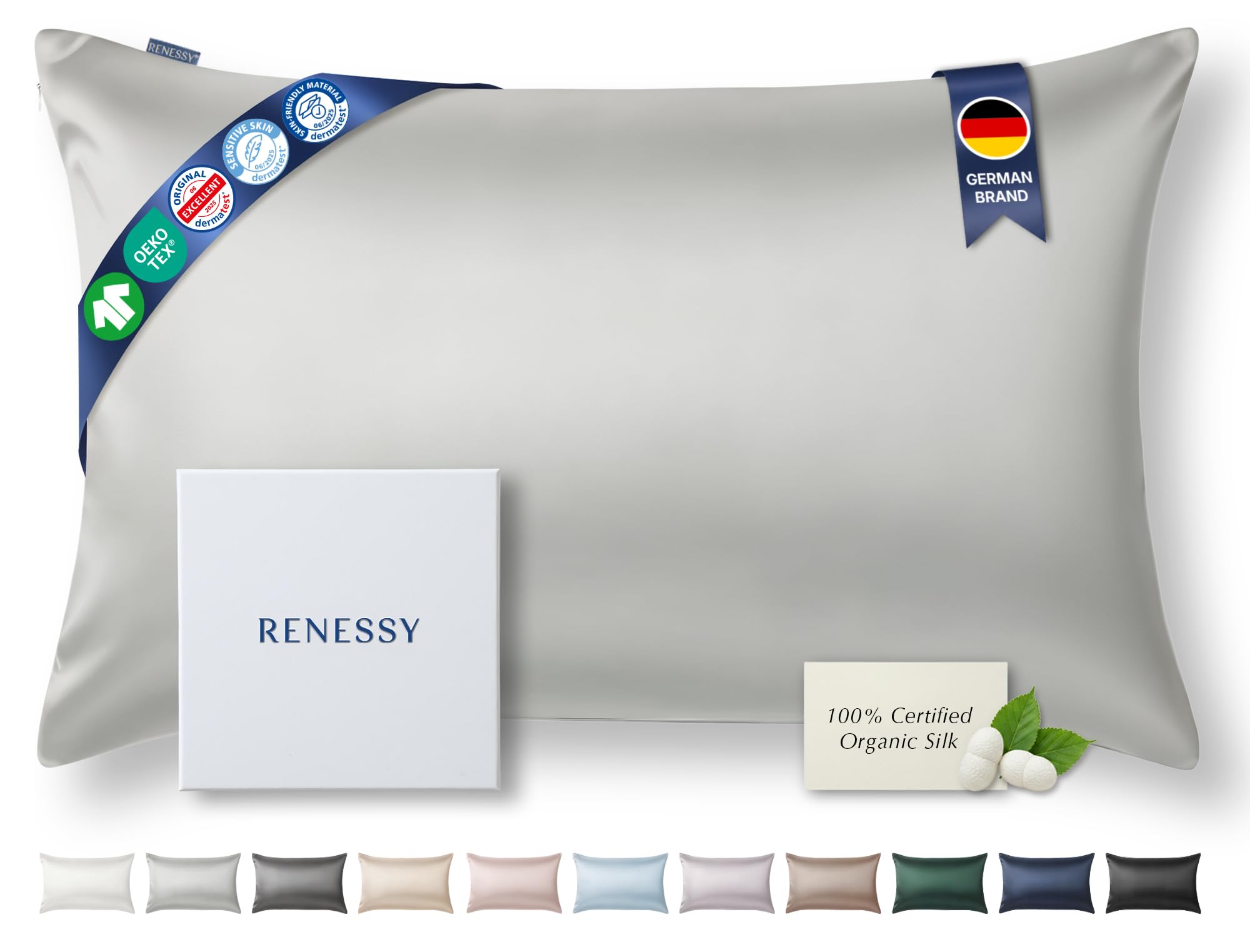 RENESSY Premium Silk Pillowcase 100% Organic Mulberry Silk, 22 Momme, Grade 6A - Oeko-Tex Certified in Germany - Luxury for Hair & Skin, 1 Piece (Standard 50x75 cm, Light Grey)