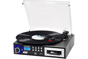 PAREIKO 3 Speeds Record Player Portable Bluetooth Turntable with Built-in Dual Stereo Speakers, Vinyl Phonograph Supports USB/SD/MMC Cassette Aux-in 3.5mm Audio Jack, Black