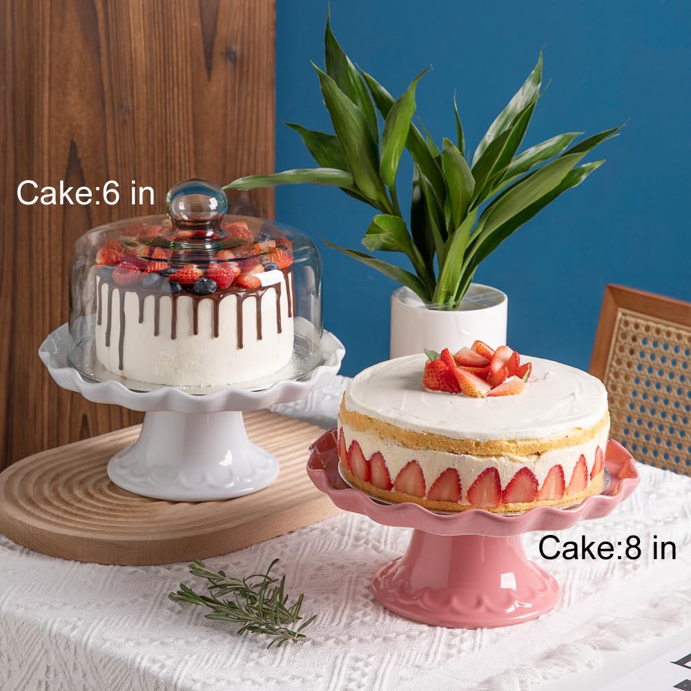 Sweejar Porcelain Cake Stand, Dessert Table Display Plate for 8-Inch Cake, Round Cupcake Stand with Soft Wave Edge for Snacks, Cookies, Birthday Parties, Weddings, Baby Shower and Other Events (White)