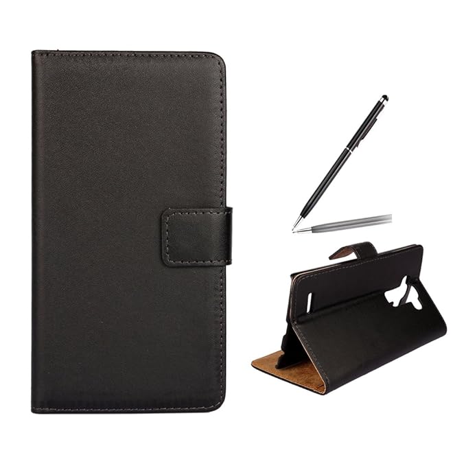 trumpshop Smartphone Schutz Schale Tasche Handyhülle für LG G4 + Schwarz + Echtleder Flip Etui Hülle SchutzHüllen Standfunkti