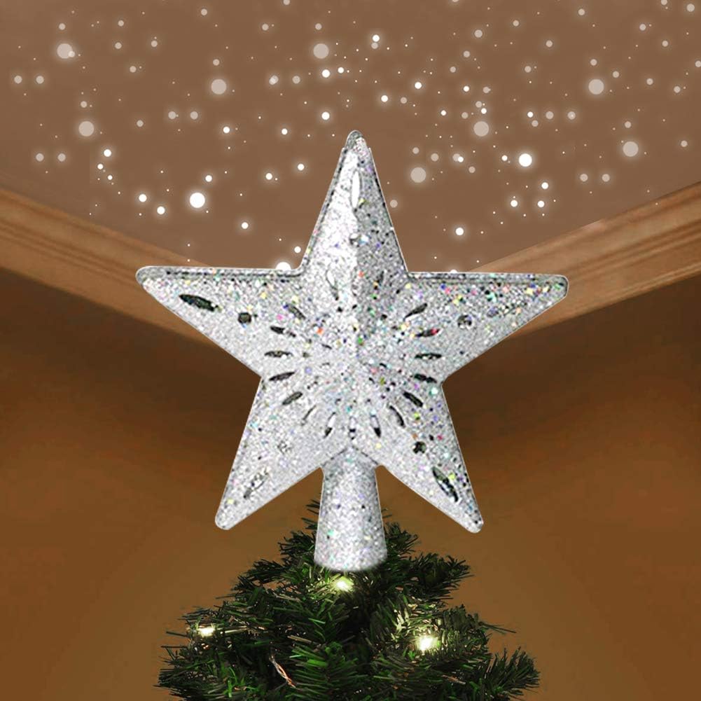 HINMAY Lighted Christmas Tree Topper, Hollowout Sparkling Glitter Star