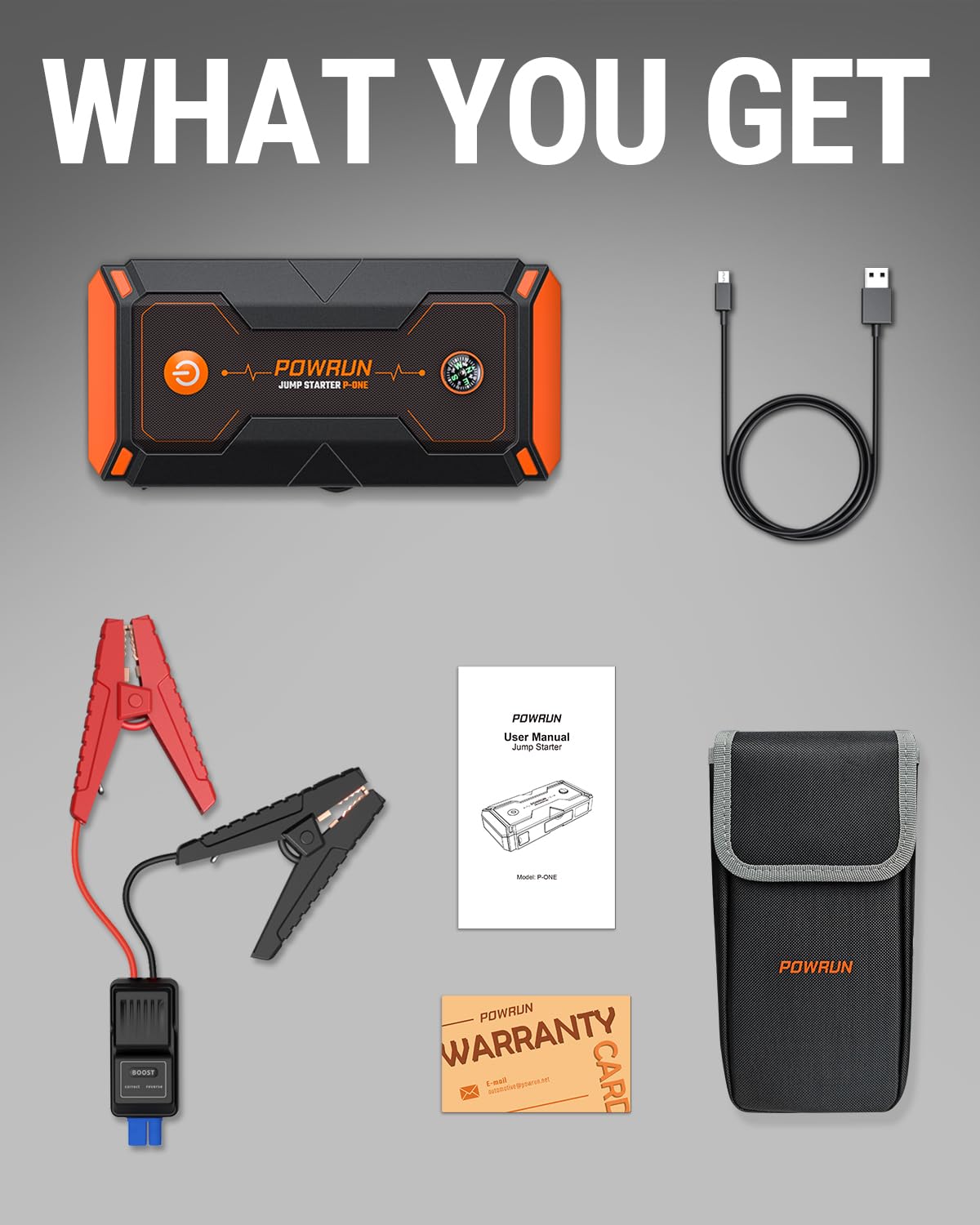 Powrun P-ONE Jump Starter, 2000A Portable Jump Box - Car Jump Starter Battery Pack for up to 8.0L Gas and 6.5L Diesel Engines, 12V Battery Jump Starter with Carry Case (Orange)