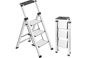 XinSunho 3 Step Ladder, Retractable Handgrip Folding Step Stool Ladders with Anti-Slip Wide Pedal, Aluminum 3 Steps, 330lbs Safety Household Ladder