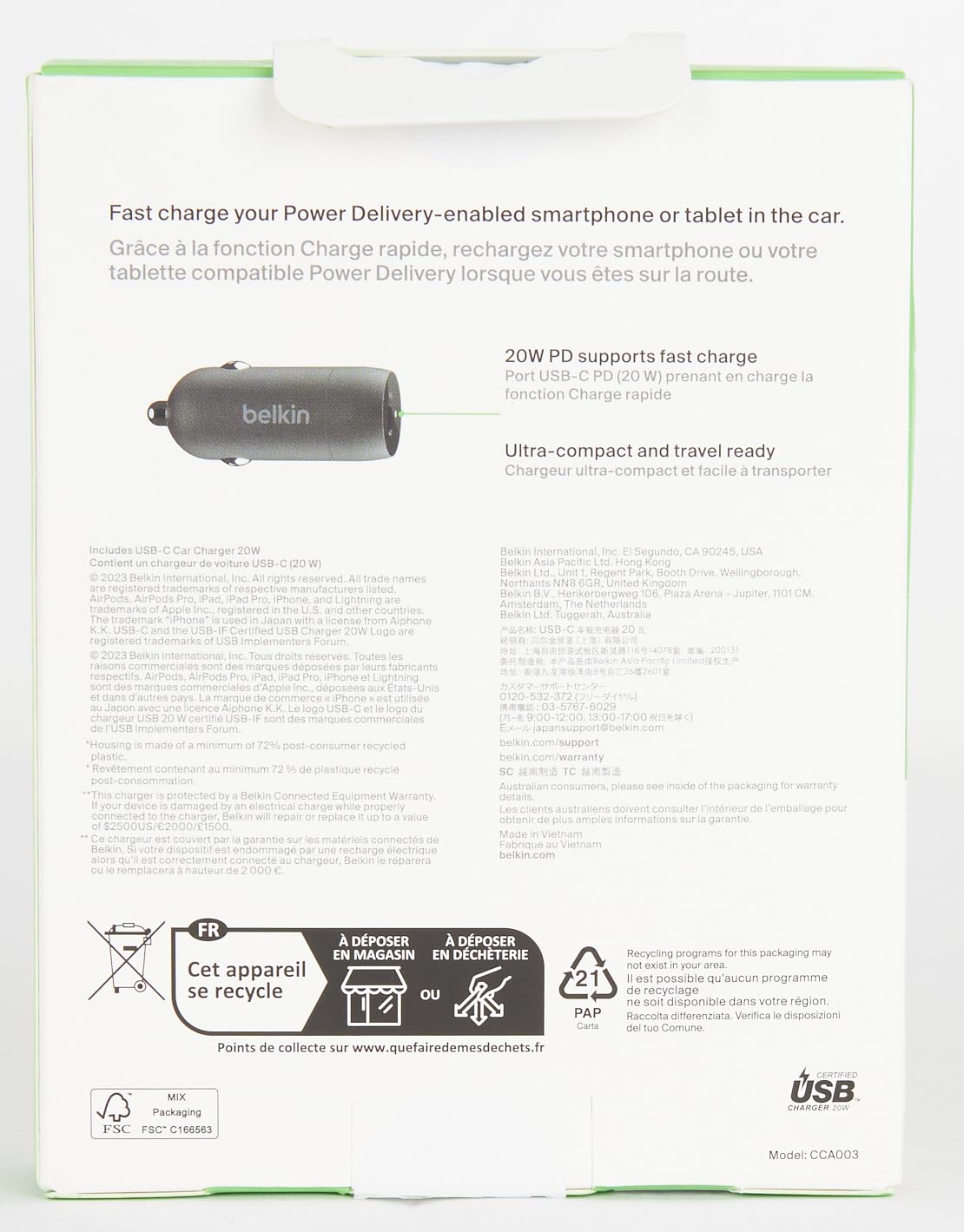 Belkin USB-C Fast Car Charger 20W-Black (iPhone Fast Charger Compatible with iPhone 12 Pro Max/12/12 Pro/ 12 Mini, Samsung Galaxy S20, S20+, S20 Ultra, Note20, Google Pixel and More) (CCA003bt)