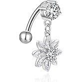 CANDYFANCY Reverse Belly Button Rings Dangle Flower CZ 14G Navel Ring Surgical Steel Belly Piercing Jewelry Top Mount Belly Ring