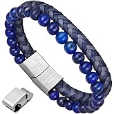 murtoo Mens Bead Leather Bracelet, Natural Bead, Steel and Leather Bracelet for Men Christmas Gift Idea