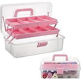 BTSKY 3-Layer Clear Plastic Dividing Storage Box Craft Organizer and Storage with Adjustable Spacers Portable Handled Art Supply Organizer Multipurpose Home Utility Box Sewing Organizers (Pink)