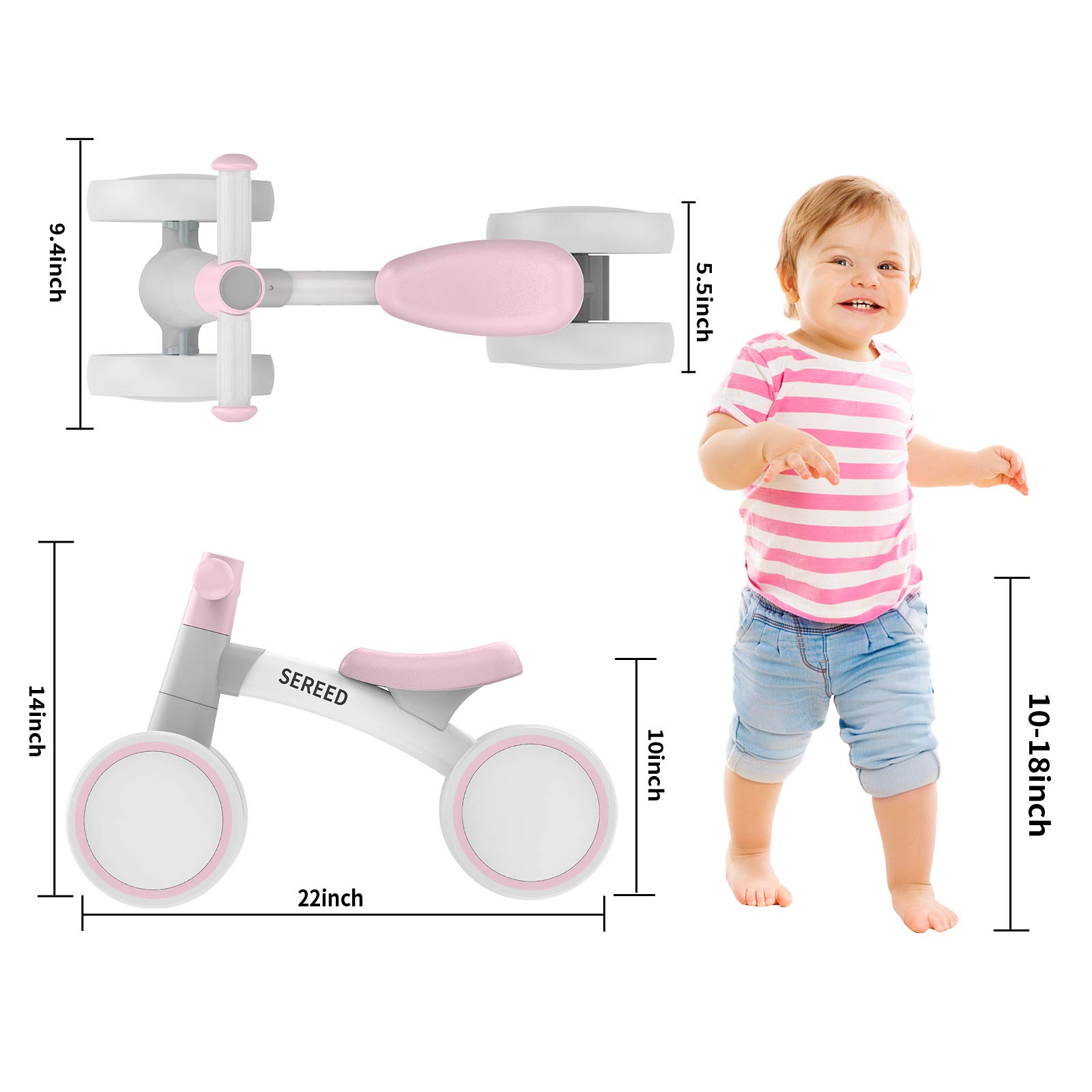 SEREED Baby Balance Bike for 1 Year Old, 4 Wheels Toddler First Bike | First Birthday Gifts | for Boys Girls 12-24 Months
