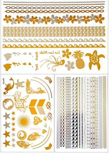 Metallic Gold Temporary Tattoos 3 Sheets: Just Bracelets, Bling and Hawaii/Beach Themes
