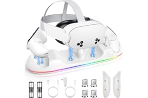 HURRA Charging Dock for Meta Quest 3S/3/2/Pro, Fast Charging Station with LED Indicator/Magnetic Charging Headset & Controllers, 2 Rechargeable Batteries, USB-C Charger & Cable