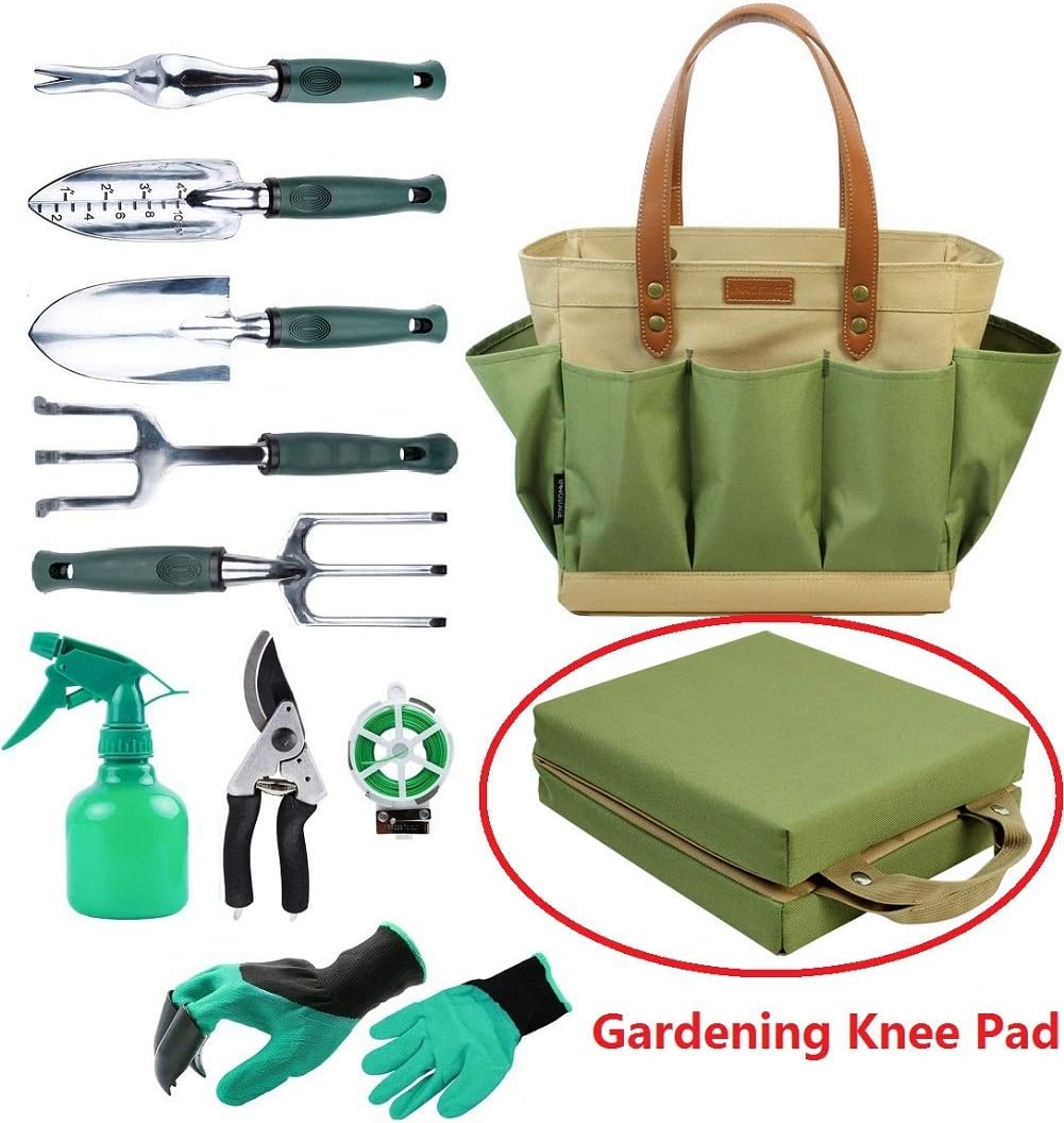 INNO STAGE Bolsa de Herramientas de jardín con 11 Herramientas de Mano, Mejor Regalo de jardinería, Organizador con Kit de Herramientas de jardín de Verduras, Almohadilla de Rodillera Gratis