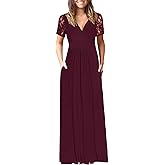 AUSELILY Maxi Dresses for Women 2026 Lace Short Sleeve V Neck Wrap Long Dress with Pockets