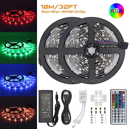 LED Strip Lights Kit – 32.8ft 300 LEDs SMD 5050 RGB Light with 44 Key Remote Controller and Power Adapter, Extra Adhesive 3M Tape, Flexible Changing Multi-Color Lighting Strips for TV, Room, Car (10M)