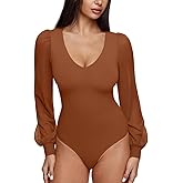 REORIA Womens Mesh Long Sleeve Bodysuit Double Lined V Neck Slimming Body Suits Sexy Cute Going Out Tops Shirts Fall Outfits