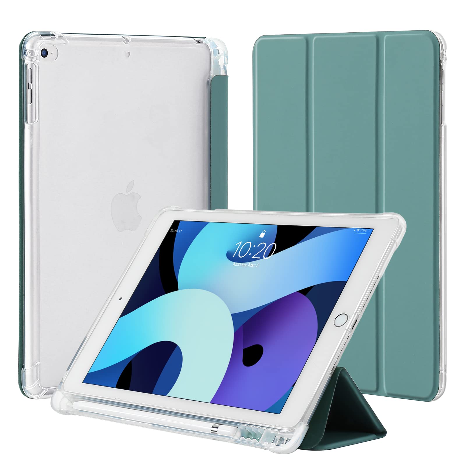 4UBonLife Case for iPad 6th / 5th Generation 9.7 inch 2018 2017 with Pencil Holder, Compatible with iPad Air 2/1, Slim Lightweight Soft TPU Case, Translucent Frosted Back Cover Shell, Night Green