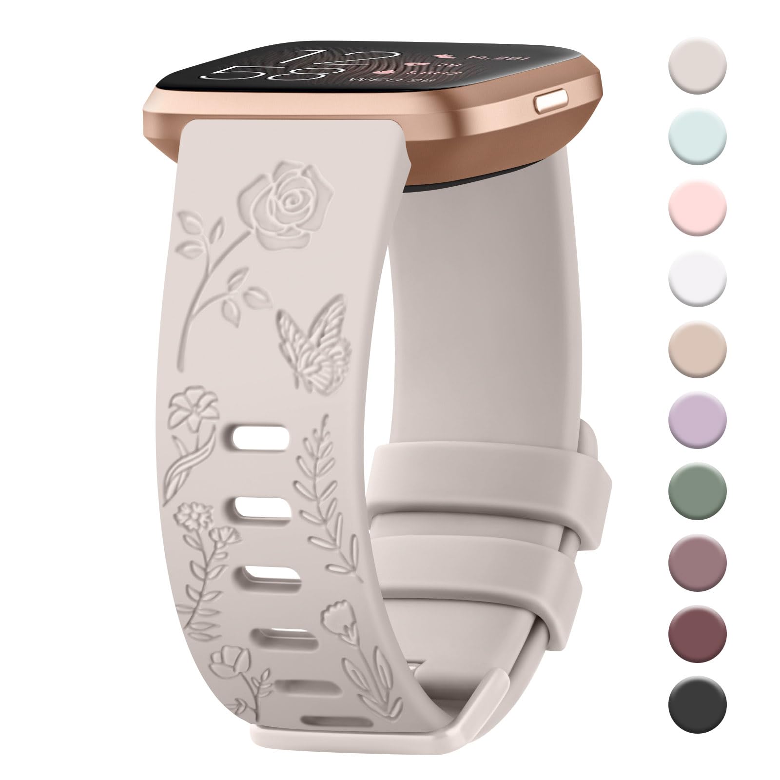 Fitbit Versa Soft Rose Butterfly Engraved Strap - Silicone Sport Band Compatible with Versa 2/Lite for Women with Flower Design