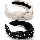 Atoden Pearl Knotted Headbands: 2Pcs Black Beaded Jeweled Embellished Hair Accessories Gift for Women