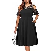 Plus Size Cocktail Dress - Graduation Cold Shoulder Lace Midi Dresses with Pockets