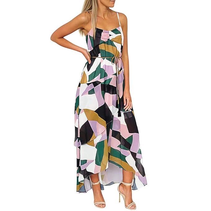Bohemian Damen Casual Kleid Yanhoo Asymmetrische Camis Layerot GüRtel Verband Print Langes äRmelloses Slingkleid Layered Unre