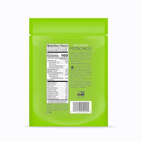 WONDERFUL PISTACHIOS NO SHELLS, ROASTED & SALTED NUTS, 24 OUNCE RESEALABLE BAG, PROTEIN SNACKS, GLUTEN FREE, HEALTHY SNACK