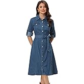 Allegra K Denim Dress for Women's Long Sleeve Button Down A-Line Belted Classic Jean Dresses