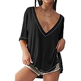 Tankaneo Womens Oversized Tshirts Deep V Neck Short Sleeve Tops Summer Casual Loose Fit Side Slit Tunic Shirts
