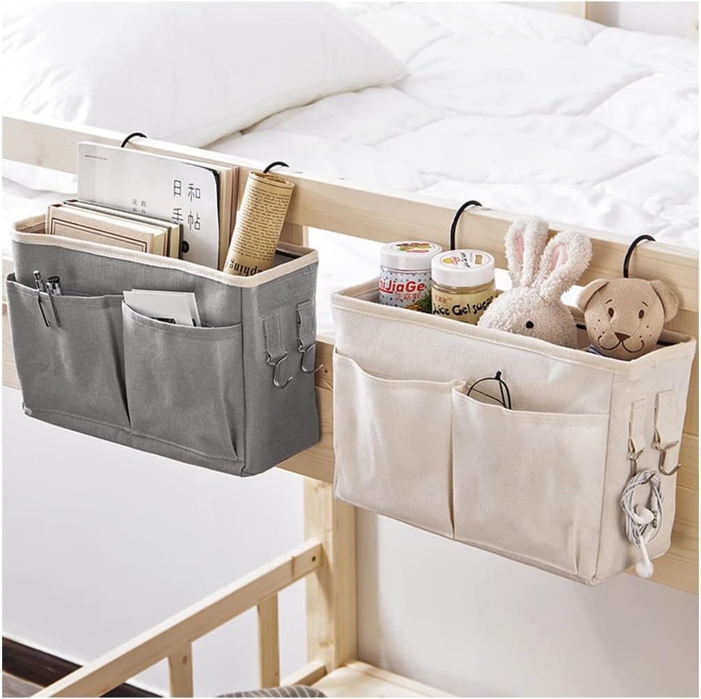 Bedside Storage Caddy – Hanging Organizer with Multiple Pockets by KOKSI – White Fabric Bedside Pocket for Magazines, Books, Remotes, Smartphones – Ideal for Sofa, Armrest, Bedroom