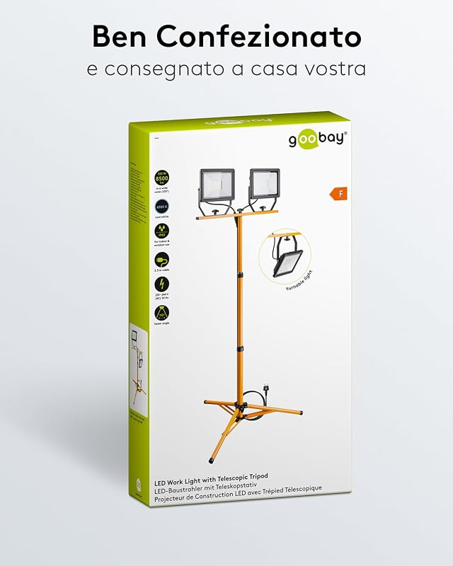 49984 Faretto LED da Cantiere telescopico, Doppia Testa, per Interni ed Esterni, treppiedi in Metallo, Luce Bianca Fredda, Giallo, 2x 50W