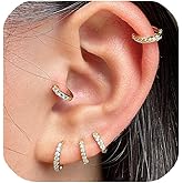 925 Sterling Silver Small Gold Hoop Earrings for Women Men,14K Gold Plated Cubic Zirconia Huggie Hoop Earrings for Cartilage, Helix, Tragus, Dainty Lightweight Hypoallergenic Earrings