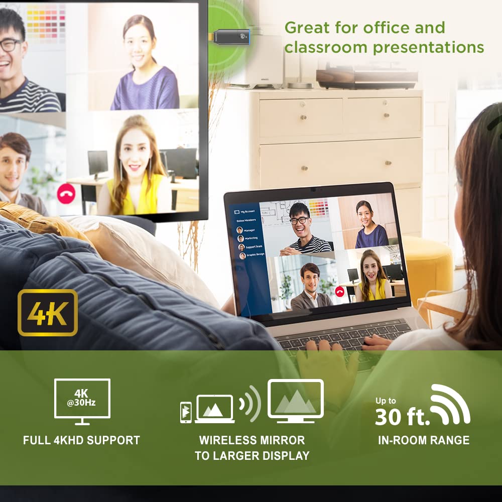 IOGEAR Mini Wireless 4K HDMI Video Screen Sharing Adapter - Wireless 2.4/5GHz w/WPA-2 Security - Up to 30Ft - Low Latency - Phone, Tablet, PC - Win Mac OS iOS Android Chrome - GWAVR4K
