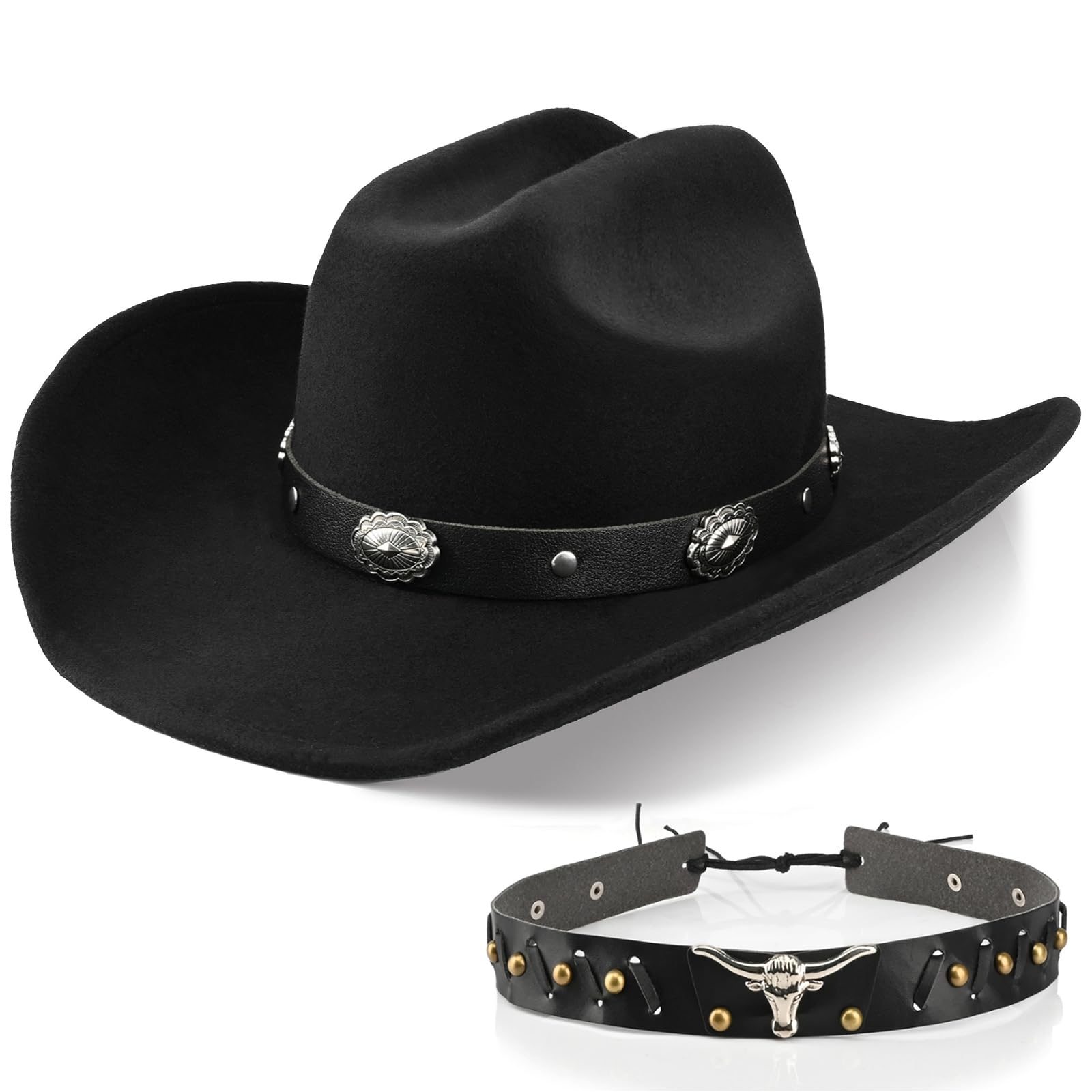 Photo 1 of 100% Wool Western Cowboy Hat for Men's Women's Classic Fedora Hat Felt Cowgirls Hats with Two Decorative Bands (US, Alpha, Large, X-Large, Black-C)