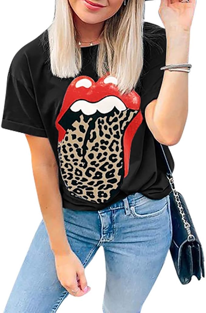 red lips with leopard tongue shirt