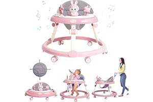 Watermoon Foldable Baby Walker with Wheels - Walker for Baby Boys Girls 6-12 Months,7-Adjustable Heights Andador para Bebes De 6 a 12 Meses with Removable Music,Footrest & Push Handle,Pink