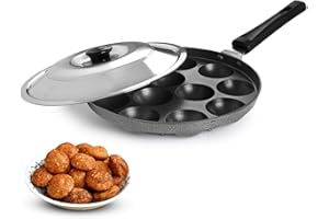 ZOXXIE Non-Stick Heavy Duty 12 Cavity Appam Patra Paniyarakkal Two Side Handle with Steel lid & Wooden Picker (Marble Grey), 