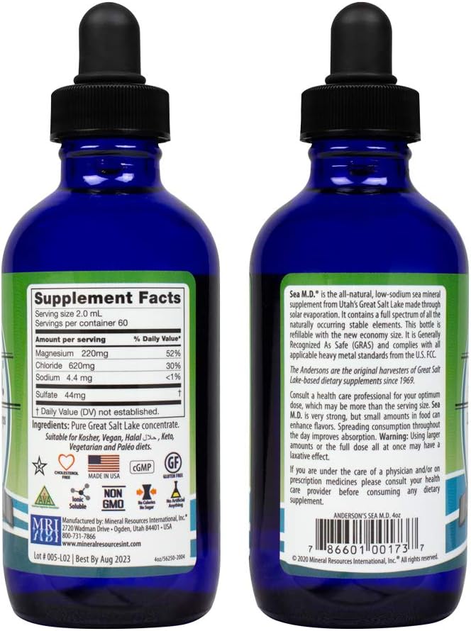 Anderson's Sea M.D. Concentrated Trace Mineral Drops, Ionic Electrolyte Magnesium Supplement, Aids in Muscle Cramps, Joint Health, Liquid Magnesium, Easy to Take, 4 fl oz: Health & Personal Care