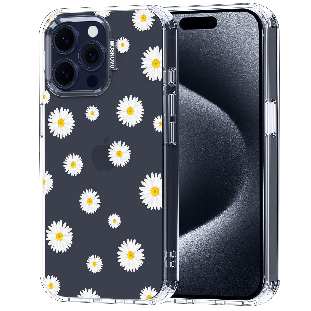 MOSNOVO Case for iPhone 15 Pro Max, [Buffertech 6.6ft Military-Grade Drop Protection] [Anti Peel Off Tech] Clear TPU Bumper Phone Case Cover Design - White Daisy