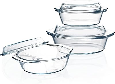 NutriUps Glass Round Casserole Dish Set 0.65L 1L 1.4L with Lids