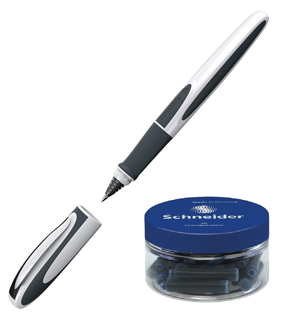 Schneider Ray Rollerball Pen (Refillable with Standard Ink Cartridges, Suitable for Right and Left Hands) Pack of 1 White/Dark Grey incl. 30 blue cartridges in a practical tin