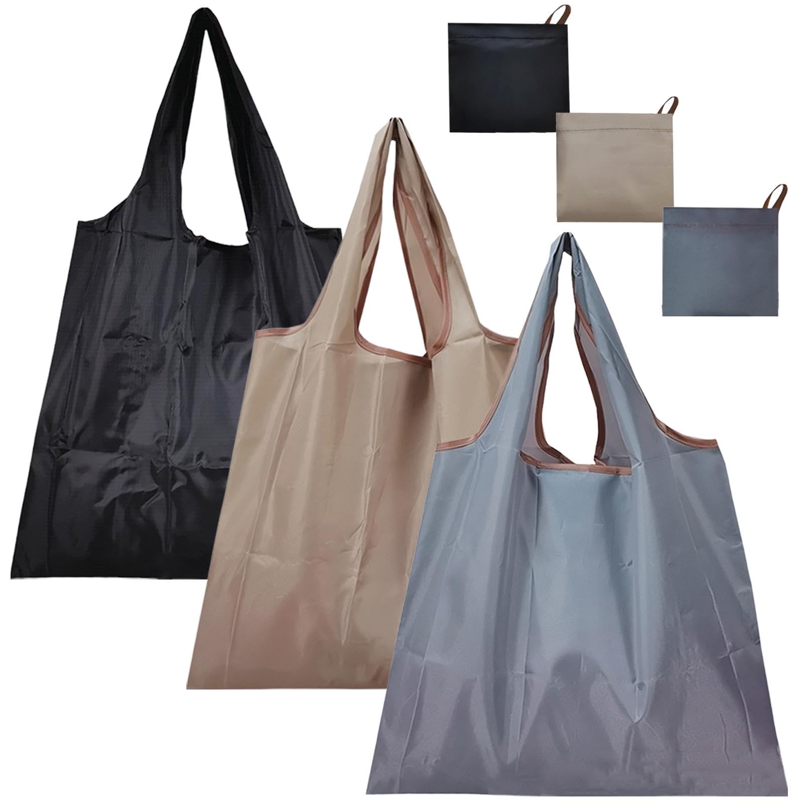 NHBETYS 3 pcs Foldable Shopping Bag, Reusable Shopping Bags Nylon Waterproof Tote Bag Grocery Bags Shopper for Fruit Vegetable Storage(black, dark beige, gray)