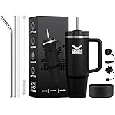 JUSTUMBLER 40 Oz Insulated Tumbler with Handle and Straw, Stainless Steel Coffee Travel Mug with Lid, Leak Proof Water Bottle with Accessories, Black
