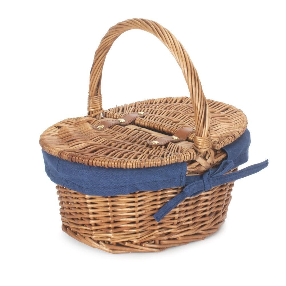 Red Hamper EH103N Wicker Childs Light Steamed Finish White Lined Oval Picnic Basket with Navy Blue Lining