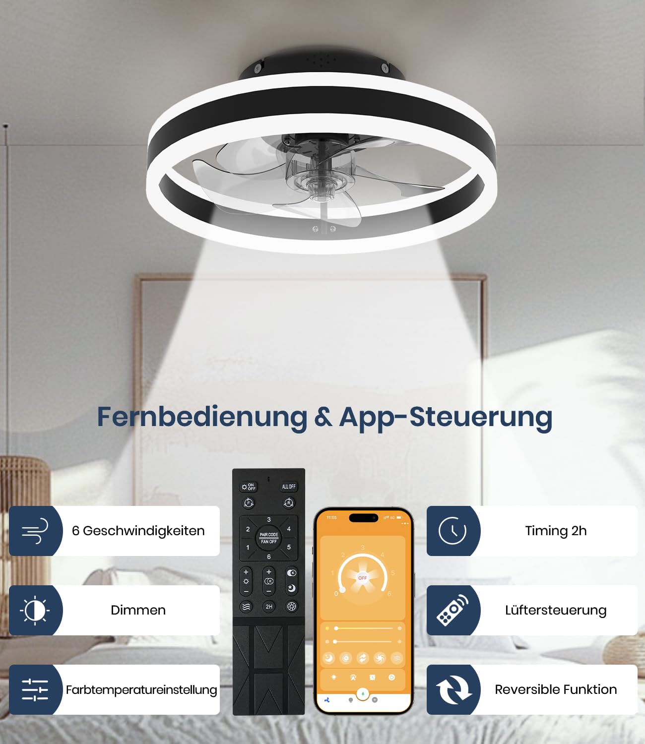 Ceiling Fan, LED Ceiling Fan with Lighting, 3 Colour Temperatures and 6 Speeds Ceiling Fan with Lamp, Remote Control, Quiet Dimmable Fan Ceiling Light