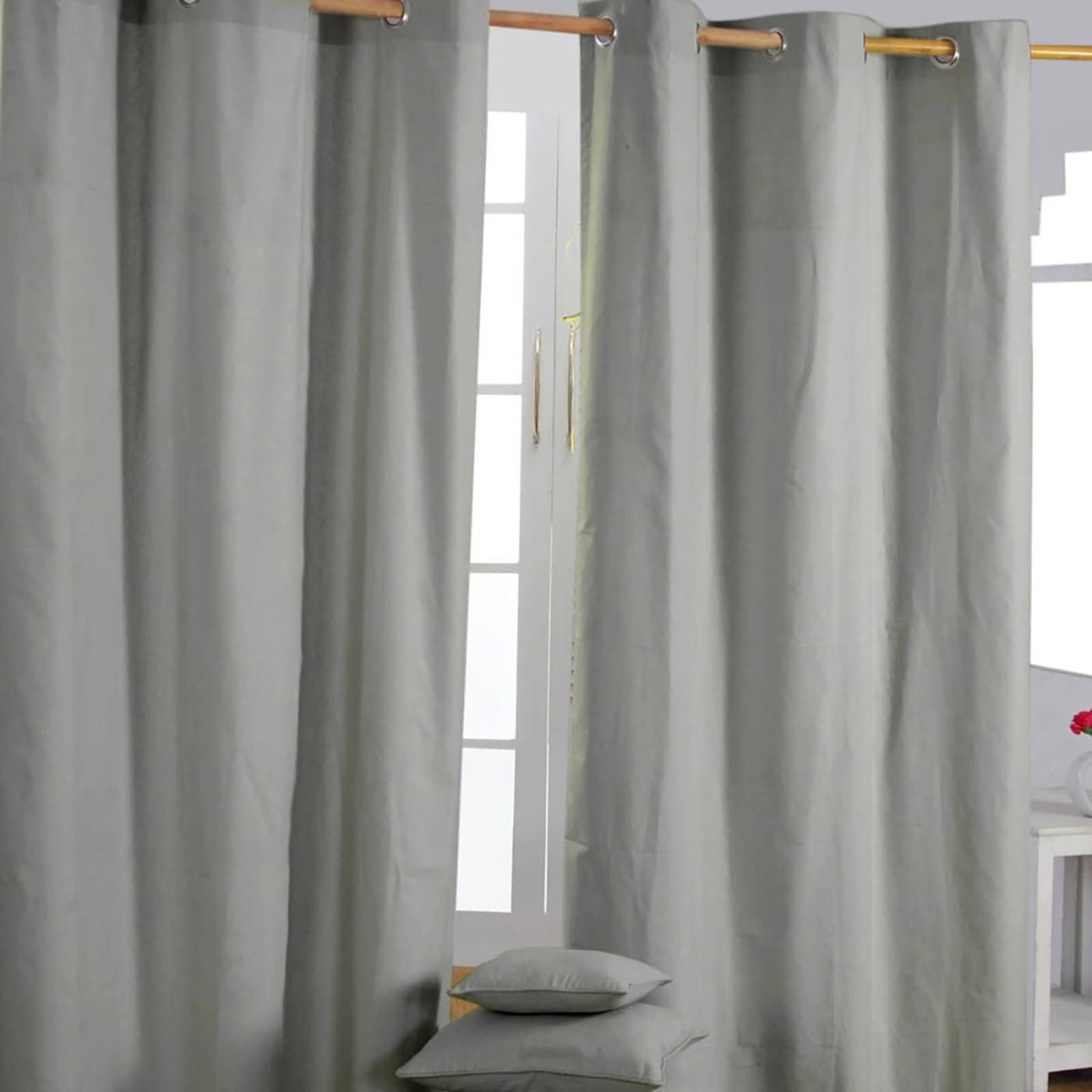 HOMESCAPES Grey Eyelet Curtain Pair 137cm (54") Wide x 228cm (90") Drop Plain Heavy Unlined Curtains