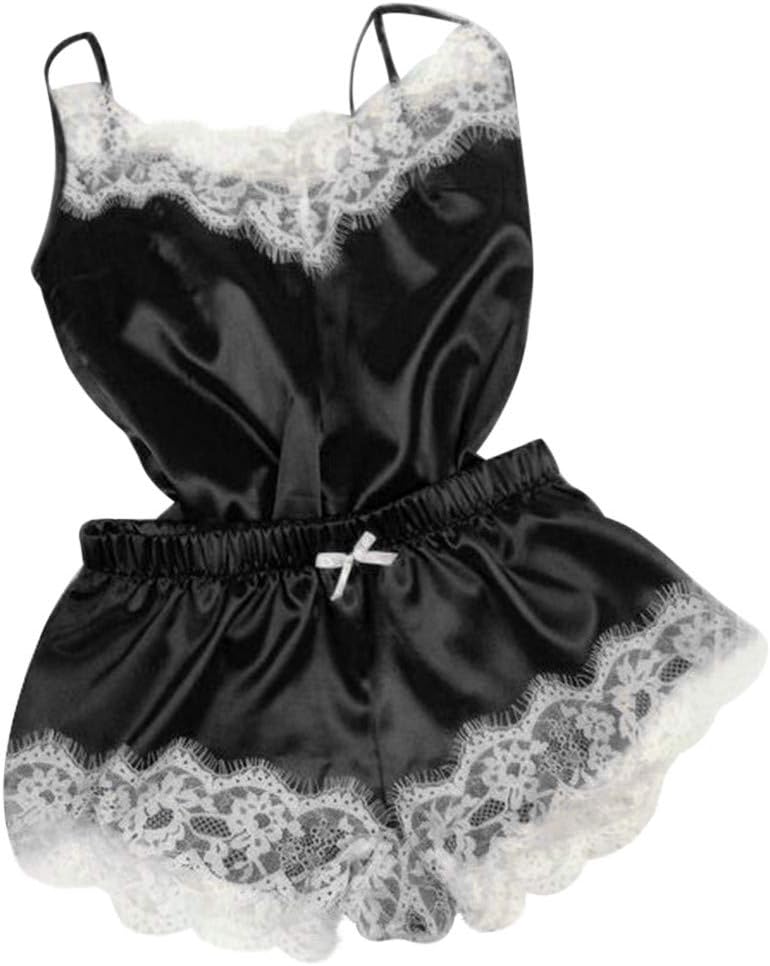 Women Sleepwear Sleeveless Strap Sleepwear Lace Trim Satin Top Pajama Sets Suit Erotic Underwear Nightwear