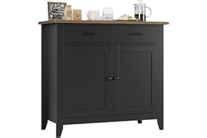 HORSTORS Kitchen Storage Cabinet, Modern Farmhouse Buffet Cabinet with Storage, Coffee Bar with 2 Drawers and 2 Doors, Floor Sideboard Buffet for Living Room, Dining Room, Bathroom, Black/Rustic Brown