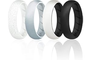 ROQ Silicone Rubber Wedding Ring for Women, Rubber Silicone Wedding Band, Bridal Jewelry Set, Anniversary Rings, Promise Ring, 5.5mm Wide 2mm Thick, 4 Pack, Black, White, Silver, Size 8